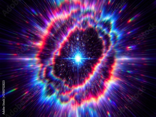 Obraz na plátně Futuristic cosmic energy burst with colorful neon rays, glowing particles and a brilliant central flare, creating a dynamic space-inspired backdrop for creative designs
