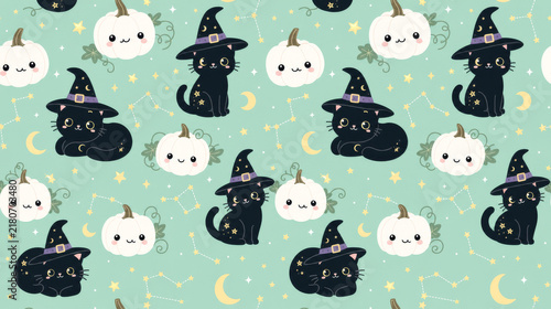 Seamless Cute Pastel Halloween Pattern with Black Witch Cats, White Pumpkins, Moons, and Constellations on Mint Green Background