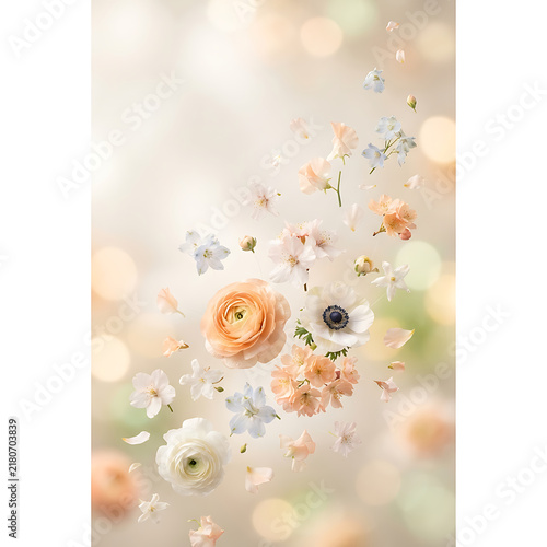 Beautiful arrangement of floating spring flowers with soft pastel colors and dreamy golden bokeh light background