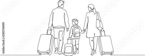 continuous line drawing of a parents and child with luggage, travel, vacation and family trip concept, line art vector illustration