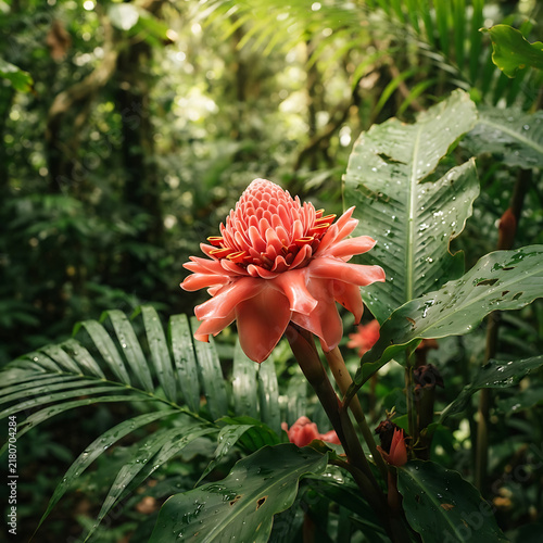 Beautiful pink torch ginger flower blooming in the lush green tropical rainforest of Costa Rica
