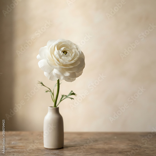 A single elegant white ranunculus flower in a minimalist ceramic vase on a rustic wooden table