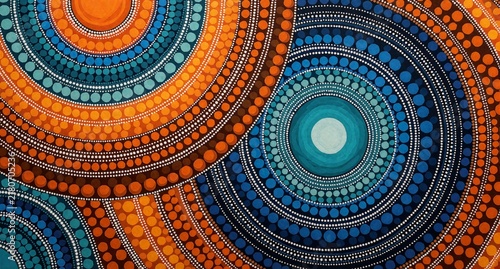 Abstract Aboriginal Dot Painting Art with Orange and Blue Concentric Circles