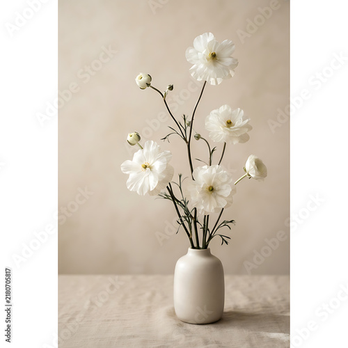 Elegant white cosmos flowers arranged in a simple ceramic vase on a neutral background