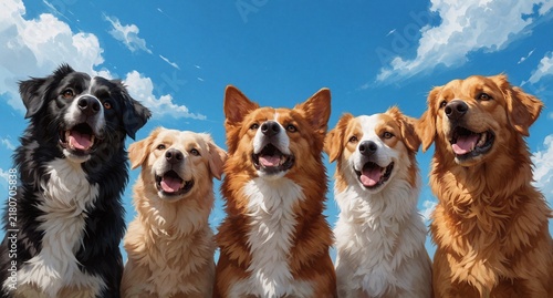 Five Happy Dogs Smiling Outdoors Under Blue Sky