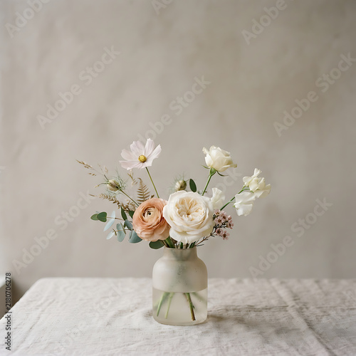 Delicate floral arrangement in a small vase on a linen surface