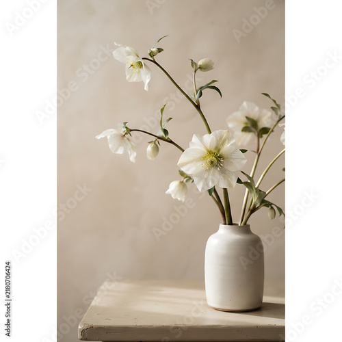 Delicate white hellebore flowers in a simple ceramic vase on a wooden surface