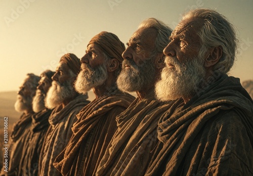 Group of Elderly Indian Sadhus with Beards in Sunset Light