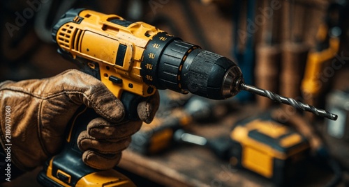 Obraz na płótnie Carpenter holding yellow power drill with drill bit in workshop