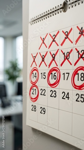 A calendar is displayed on a wall in an office. Several dates are marked with red crosses and circles. Desks and computers can be seen in the back