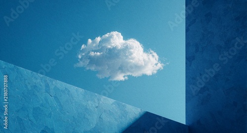 Minimalist Blue Background with White Cloud and Geometric Shadows