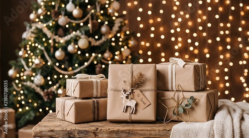 Festive christmas scene with gifts under a decorated tree and warm lights