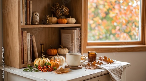 Cozy autumn still life with pumpkins books and a warm window view