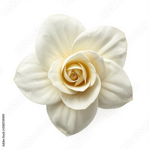 double gardenia flower (Gardenia jasminoides), creamy white densely layered petals arranged in a beautiful spiral formation