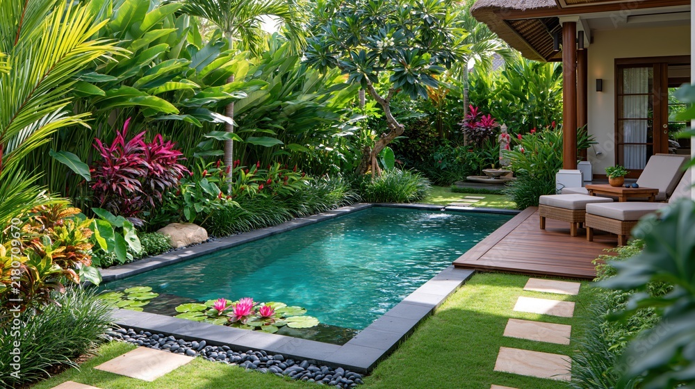 Obraz premium Lush tropical garden oasis with a private swimming pool and relaxing lounge area