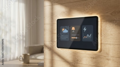 Wall-mounted smart-home tablet on wood showing weather light and energy