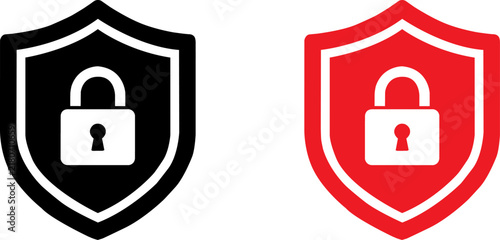 Fotografie Black and red shield icons with a padlock symbol representing digital security c