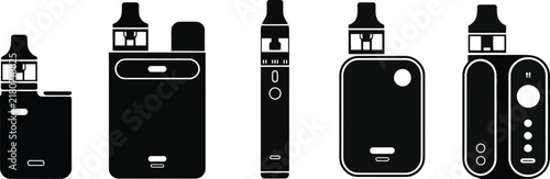 Electronic, cigarette vape icons featuring pod devices, vaporizers, smoking alternatives, black glyph symbols and clean vector designs.
