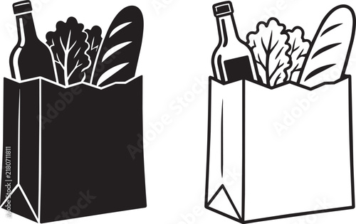 grocery paper bag with bread bottle and vegetables icon line and solid style vector illustration