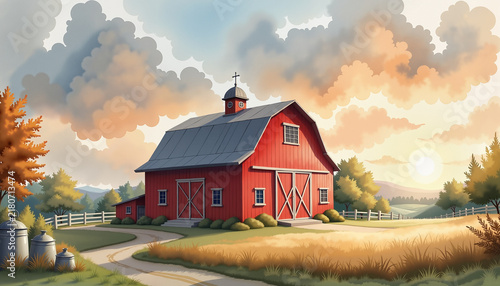 A rural church at sunset, against a backdrop of golden fields.