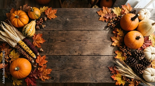 Autumn harvest bounty with pumpkins gourds corn and colorful fall leaves on rustic wood