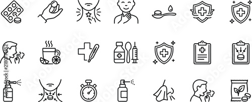 Sore throat cough relief icon set lozenges syrup spray tea shield medical line art vector.