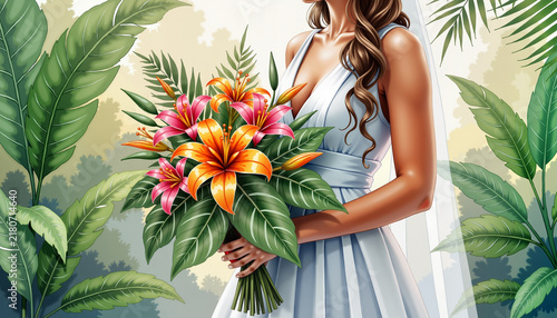 Bride holding vibrant floral bouquet in lush tropical setting  