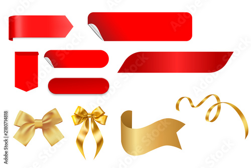 Red price tag sticker set and golden ribbon bow banner collection sale label peel corner element isolated on white background vector illustration