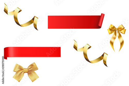 Red price tag sticker set and golden ribbon bow banner collection sale label peel corner element isolated on white background vector illustration