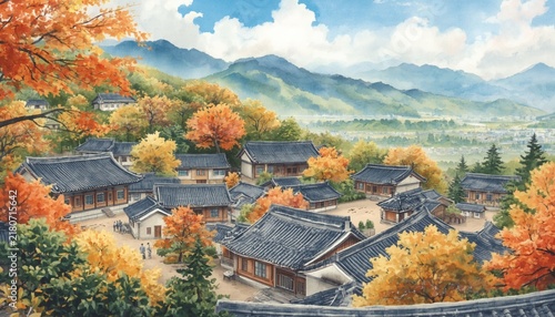 Watercolor Painting Of A Scenic Japanese Village