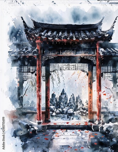 Traditional Chinese Garden Gateway in Watercolor