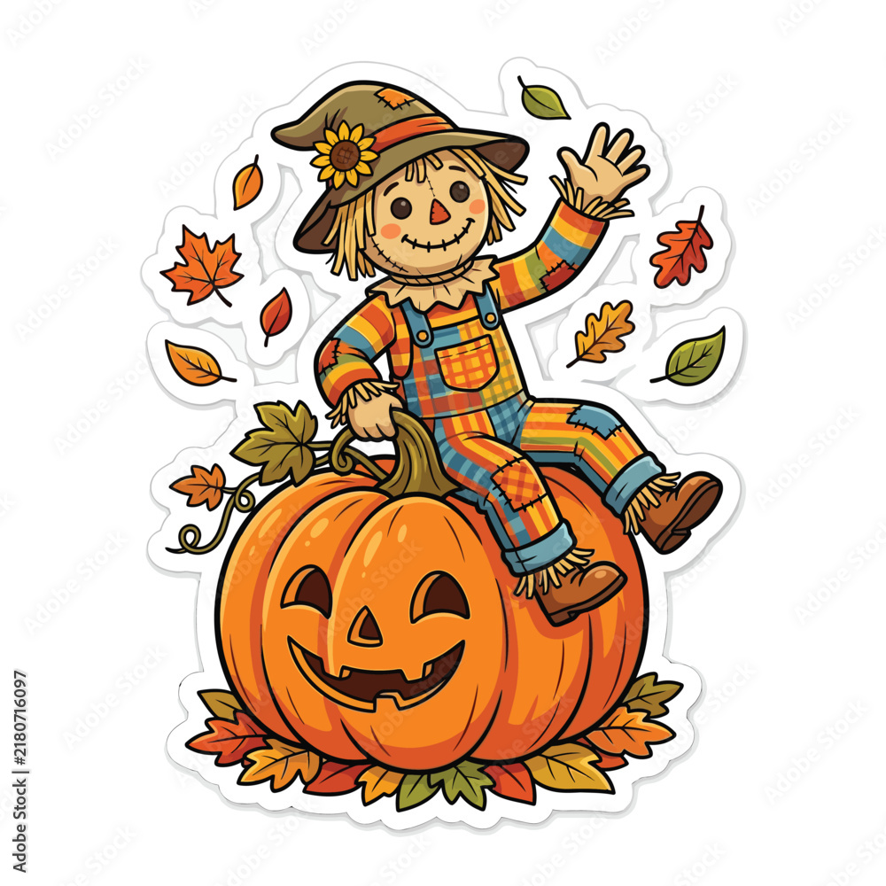 Fototapeta premium Cute autumn scarecrow sticker, friendly character sitting on a carved Halloween pumpkin, fall harvest vector illustration isolated on White Background