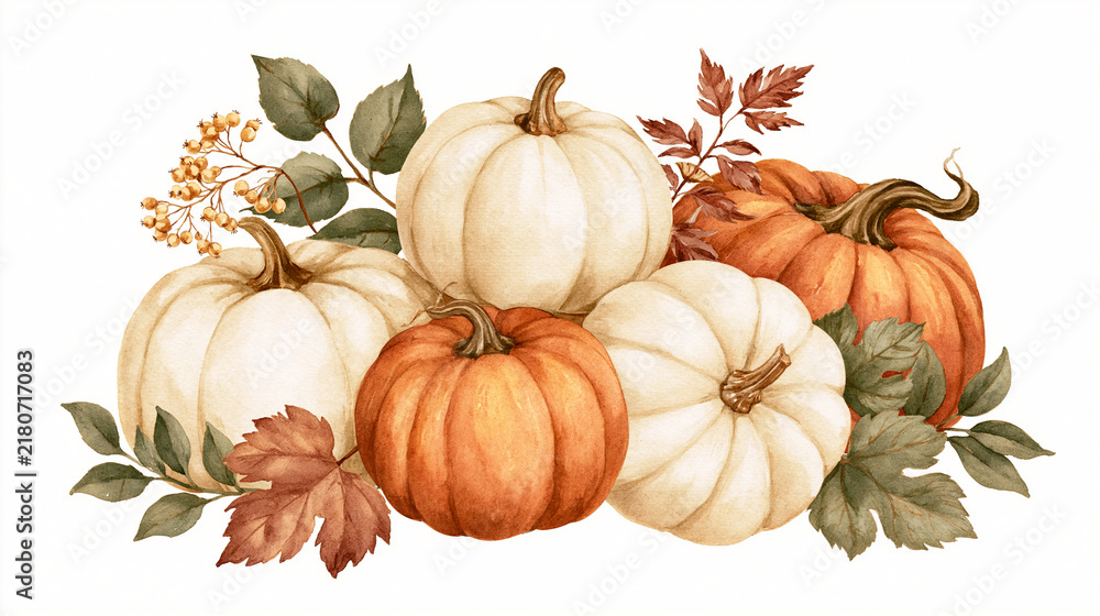 Obraz premium Watercolor autumn pumpkins with eucalyptus leaves and botanical foliage isolated on white for fall greeting cards, Thanksgiving invitations and seasonal decor
