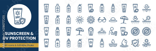 Sunscreen and UV protection icons provide a detailed visual guide for skincare products, sun safety measures, dermatological health, and outdoor summer protection against harmful solar radiation.