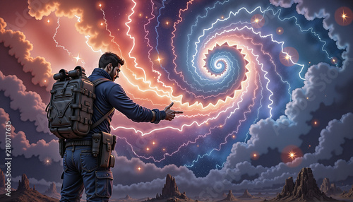 A man with a backpack points to a colorful, swirling galaxy.