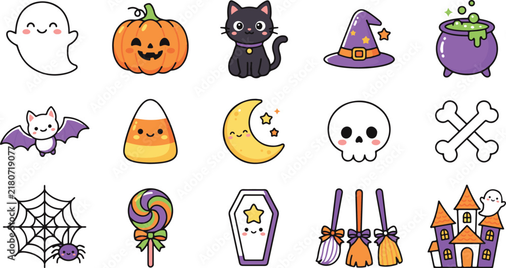 Fototapeta premium Cute Halloween Vector Set Icons and Stickers