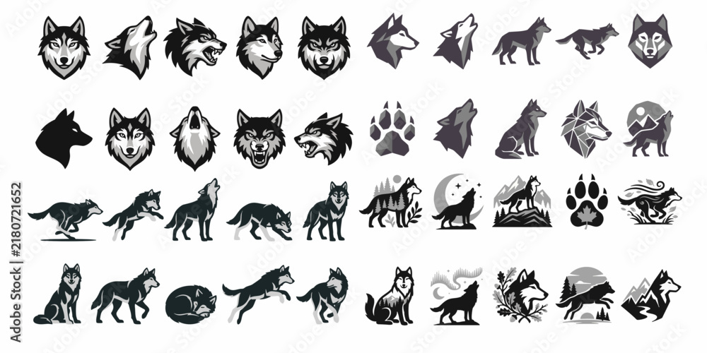 Fototapeta premium Black Wolf Vector Icon Set – Monochrome Wild Animal Silhouette Collection