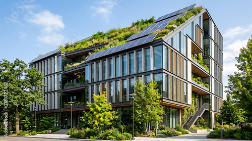 A modern sustainable building with solar panels and a green roof surrounded by trees and bushes under a blue sky