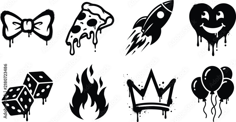 Fototapeta premium Graffiti spray paint pop art elements vector set featuring dripping heart rocket pizza and crown icons
