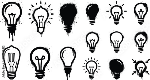 Graffiti spray paint light bulb vector set featuring black grunge dripping idea icons isolated on white background