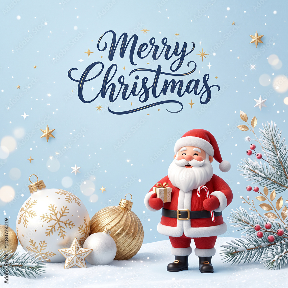 Obraz premium Christmas social media Instagram post, ads website banner design with 3d render of santa claus holding gift and candy cane standing in snowy landscape with decorated christmas tree and baubles