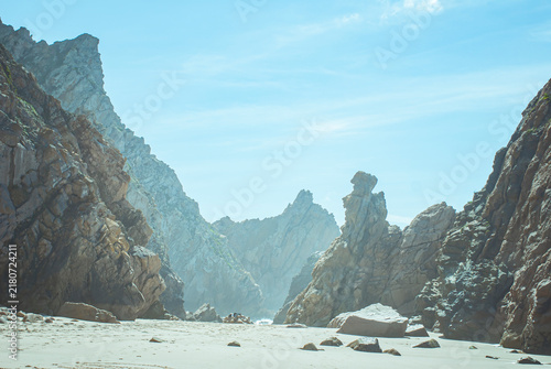Принти на полотні Rocky cliffs surrounding a sandy beach, Praia da Ursa, Portugal