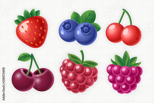 3D Cartoonish Berries Collection Isolated on White Background