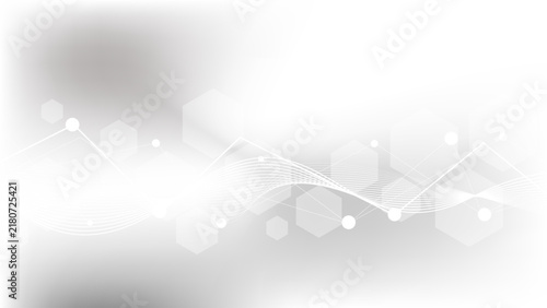 White grey background of science technology concept with connection lines, light particles and hexagon shapes. For clean digital network, modern medical science, presentation, poster, banner