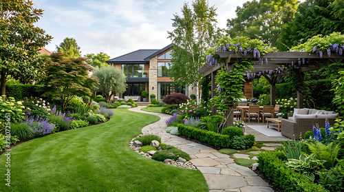 A meticulously landscaped garden features a winding stone path leading to a cozy pergola with seating, by a modern home.