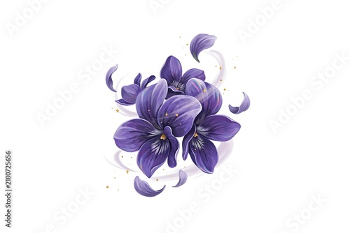 3D Cartoonish Levitation of Shimmering Wild Violet Petals Twirling in Enchanted Air Isolated on White Background