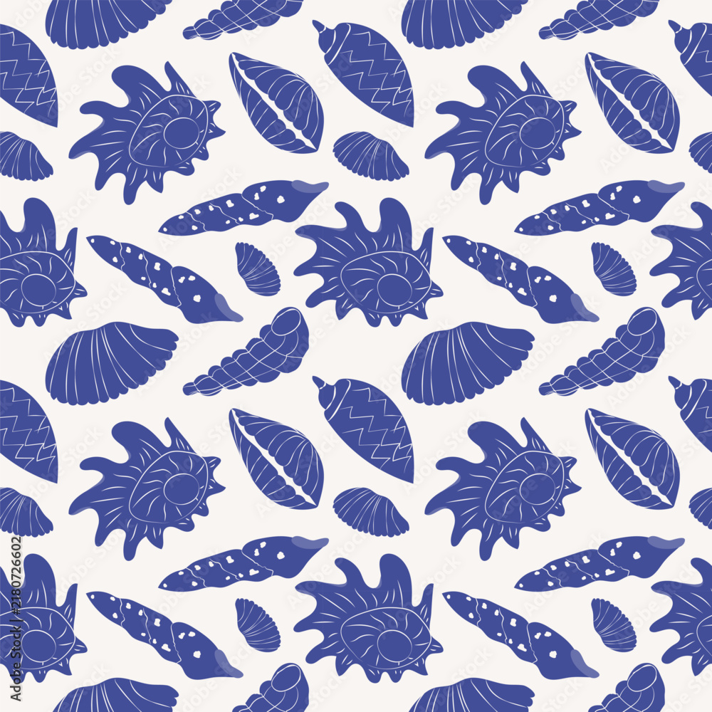 Obraz premium Seashell pattern in monochrome blue palette. Mediterranean sea animals in doodle style. Whimsical coastal summer illustration on white background.