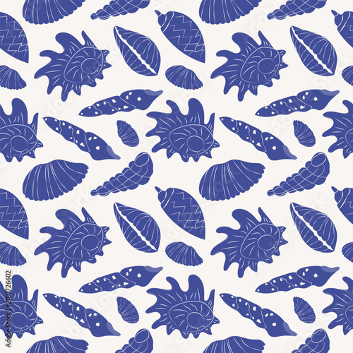 Seashell pattern in monochrome blue palette. Mediterranean sea animals in doodle style. Whimsical coastal summer illustration on white background.