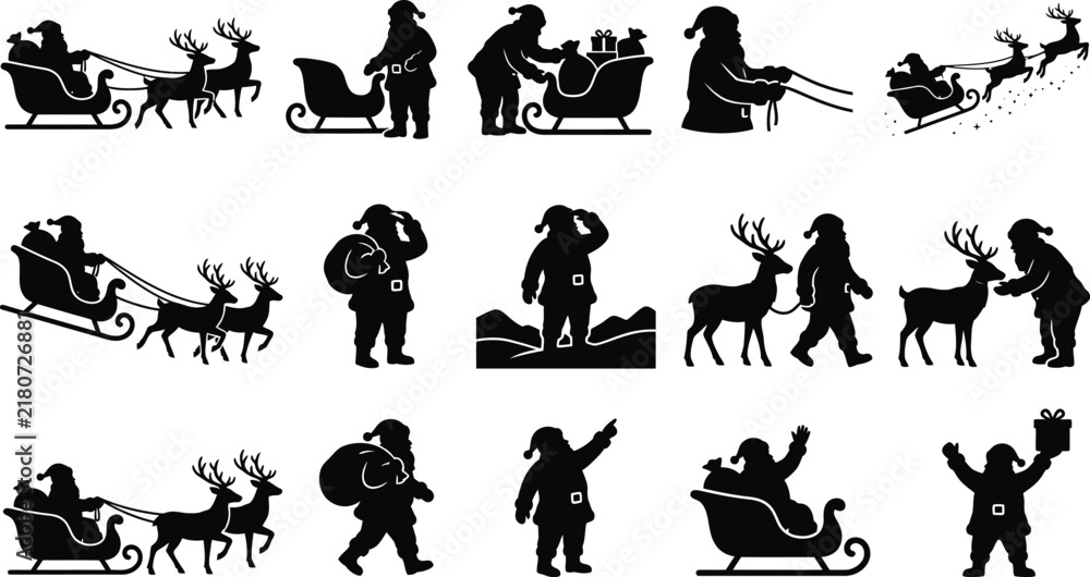 Fototapeta premium Santa Claus Silhouette Vector Set with Reindeer and Sleigh Icons; Minimalist Black Illustrations for Christmas Holiday Designs, Craft Projects, Cards, and Winter Festive Decor.