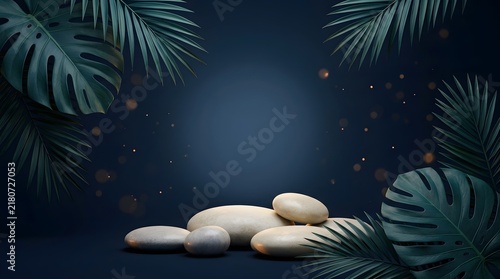 Peaceful tropical foliage background with smooth decorative stones, dark blue atmosphere and soft natural lighting for wellness designs